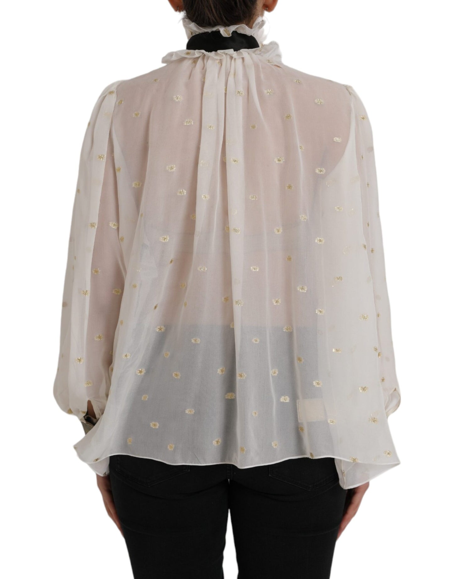 Dolce & Gabbana Off White Seidenmischung Ascot-Kragen Bluse Top