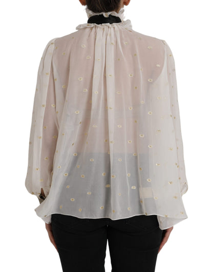 Dolce & Gabbana Off White Seidenmischung Ascot-Kragen Bluse Top