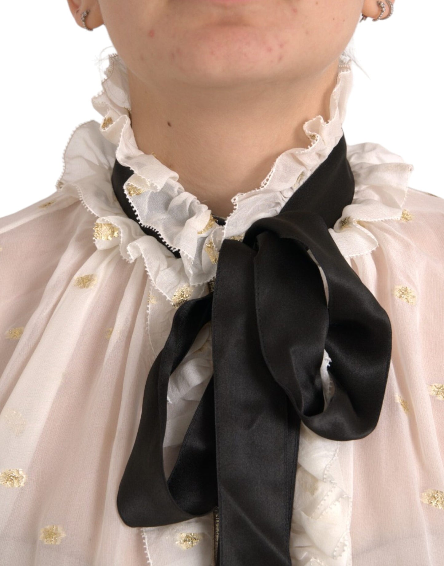 Dolce & Gabbana Off White Seidenmischung Ascot-Kragen Bluse Top