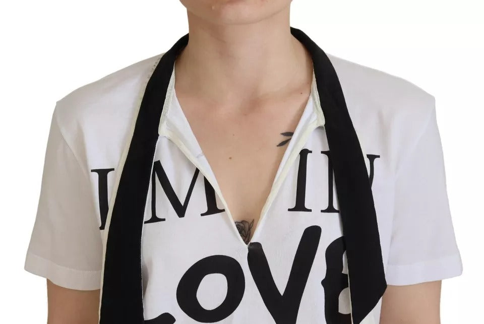 Dolce & Gabbana Weißes T-Shirt mit bedrucktem Ascot-Kragen aus Baumwolle