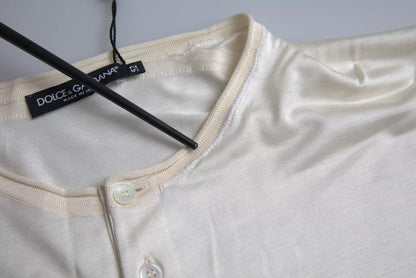 Dolce & Gabbana Weißes kurzes Seiden-T-Shirt mit Knopfverschluss