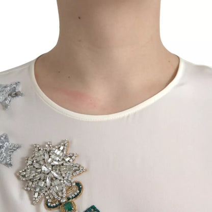 Dolce & Gabbana Weißes Seidenkristall 3/4 Ärmel Blusenoberteil