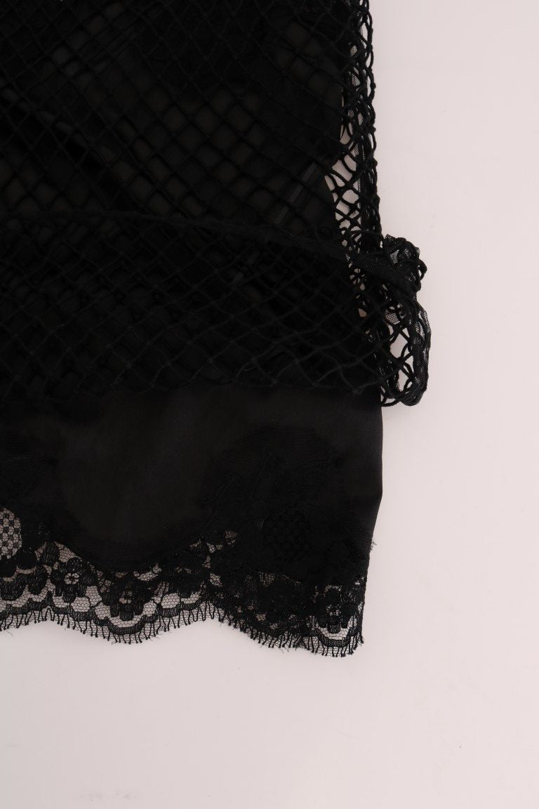 Dolce & Gabbana Schwarzes Seidennetz-Top mit floraler Spitze