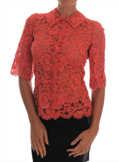 Dolce & Gabbana Orangefarbene Bluse mit Kristallknöpfen und floraler Spitze