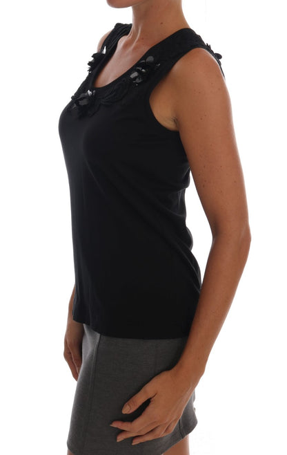 Dolce & Gabbana Schwarzes Baumwoll-Tank-Top mit geblümten Kristallen