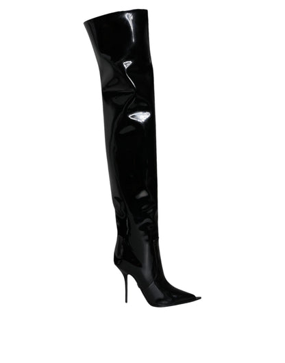 Dolce & Gabbana Schwarze Lackleder Kniehohe Stiefel Schuhe