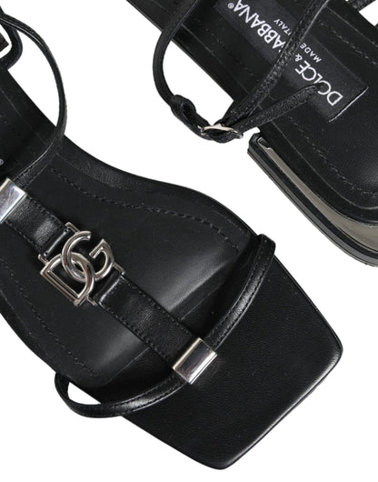 Dolce &amp; Gabbana Black Leather Logo Ankle Strap Keira Sandals Shoes