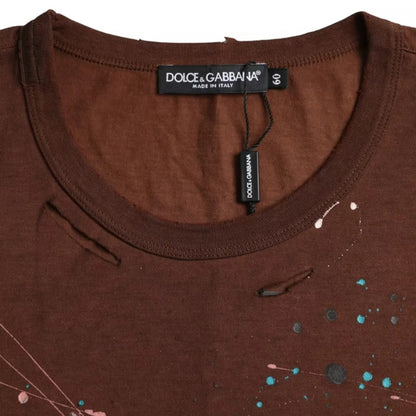 Dolce & Gabbana Braunes T-Shirt mit Rundhalsausschnitt aus Baumwolle mit Farbklecksen