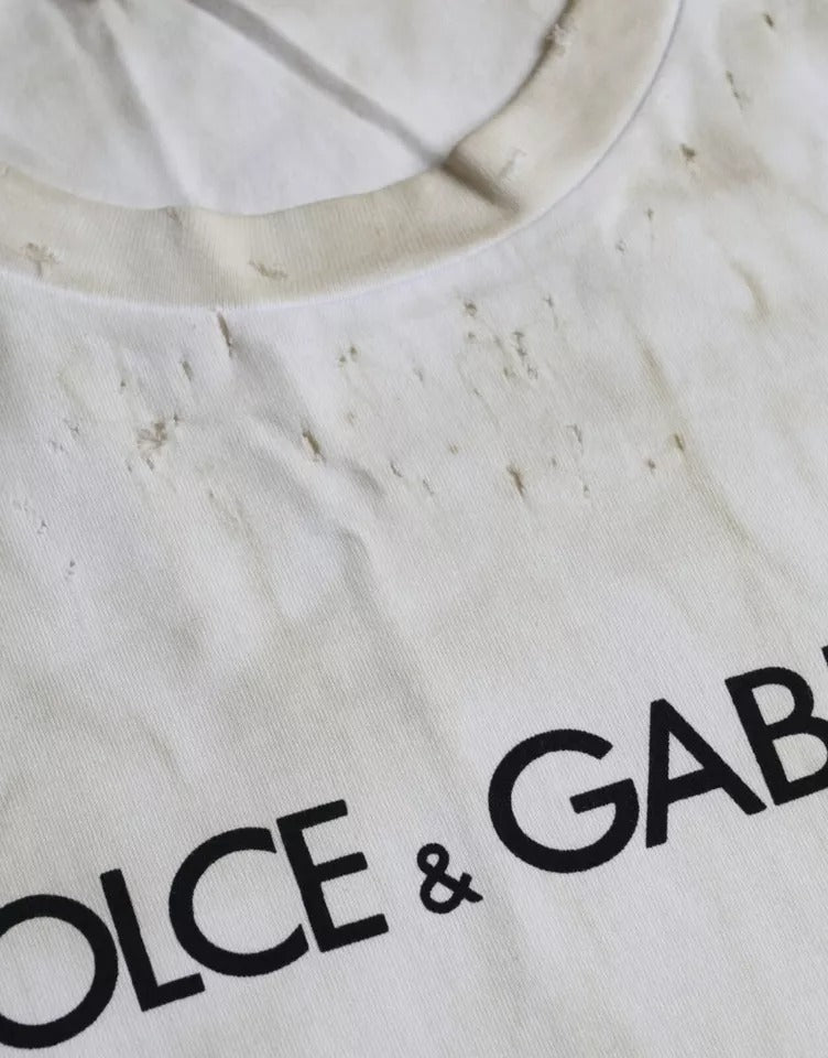 Dolce & Gabbana Off White Logo Baumwolle Rundhals T-Shirt