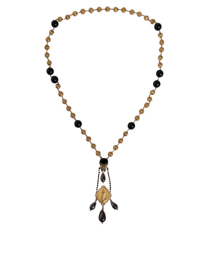 Dolce & Gabbana Goldkette Messing Schwarz Perlen Rosenkranz Stil Halskette