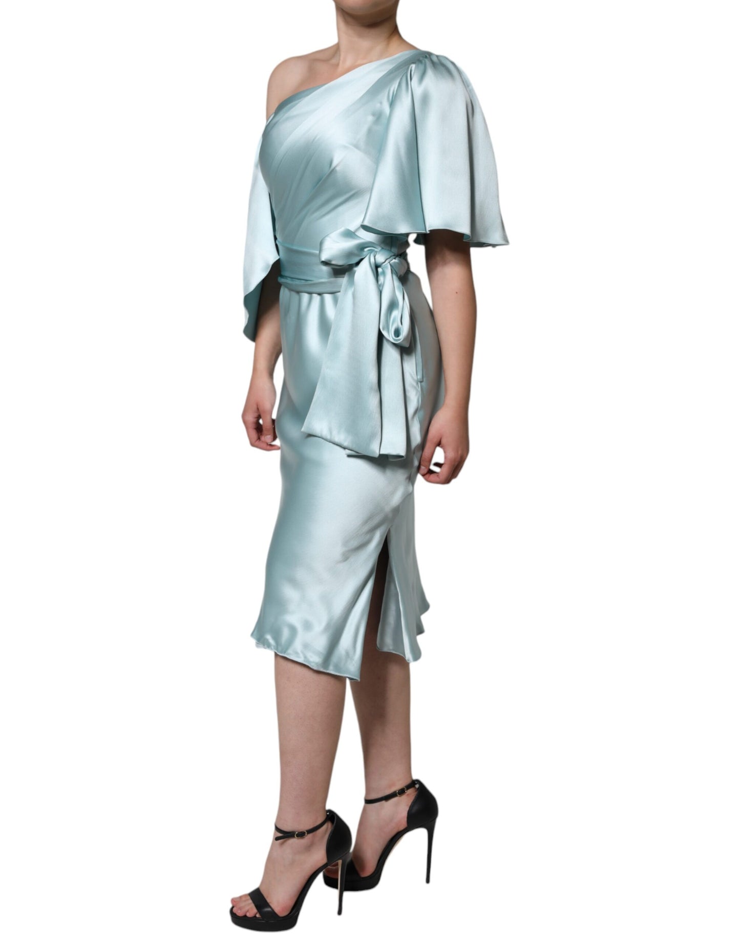Dolce &amp; Gabbana Mint Green Silk Fit Cut One Shoulder Dress
