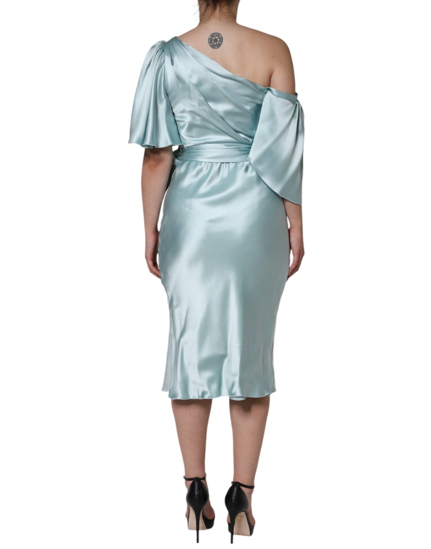 Dolce &amp; Gabbana Mint Green Silk Fit Cut One Shoulder Dress