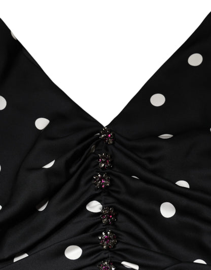 Dolce &amp; Gabbana Black Silk Polka Dot V-neck Tassel Midi Dress