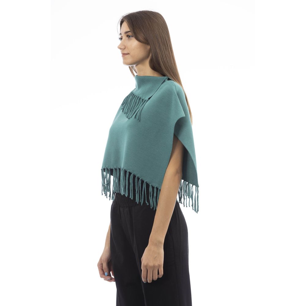 Alpha Studio Grüner Wollponcho für Frauen mit Fransen