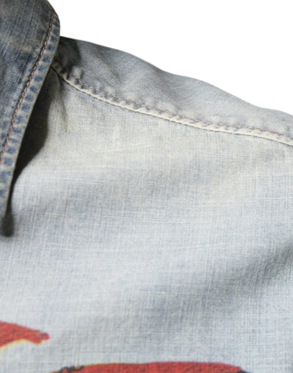 John Galliano Hellblaues bedrucktes Baumwoll-Denim-Hemd mit langen Ärmeln