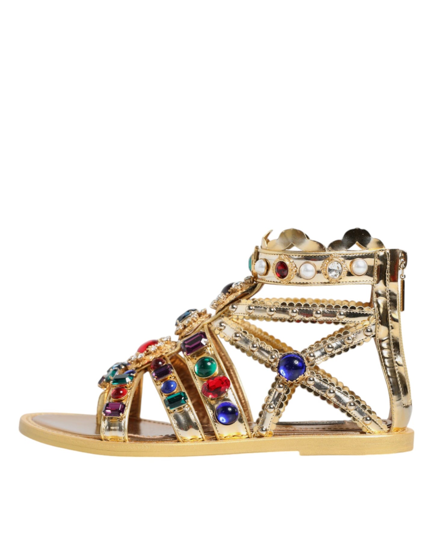 Dolce &amp; Gabbana Gold Leather Crystal Gladiator Sandals Flats Shoes