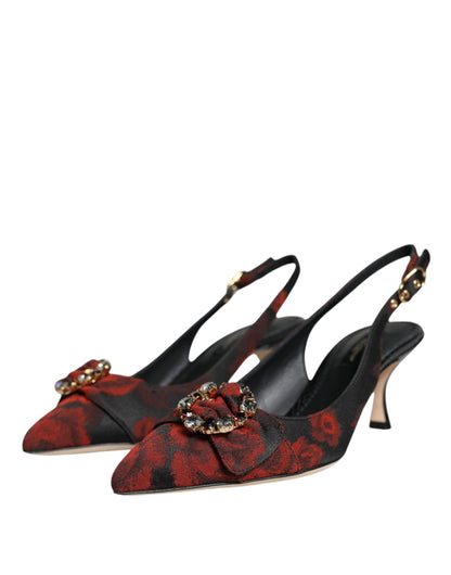 Dolce & Gabbana Schwarz Rot Floral Kristall Absatz Slingback Schuhe