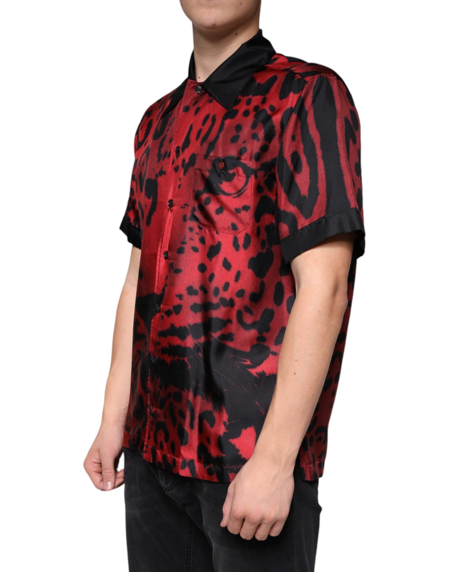 Dolce & Gabbana Rotes Leoparden-Seidenhemd mit Knopfleiste Freizeithemd