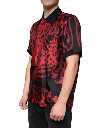 Dolce & Gabbana Rotes Leoparden-Seidenhemd mit Knopfleiste Freizeithemd