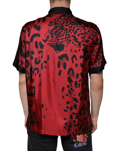 Dolce & Gabbana Rotes Leoparden-Seidenhemd mit Knopfleiste Freizeithemd
