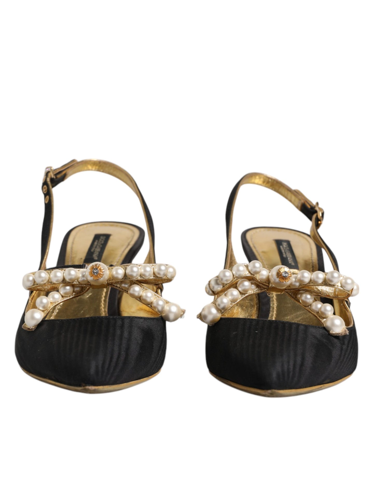 Dolce & Gabbana Schwarz Leder Faux Perlen Slingbacks Schuhe
