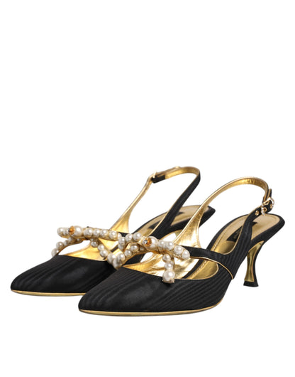 Dolce & Gabbana Schwarz Leder Faux Perlen Slingbacks Schuhe
