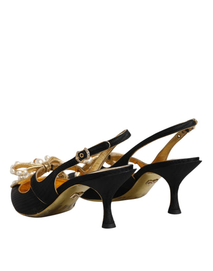 Dolce & Gabbana Schwarz Leder Faux Perlen Slingbacks Schuhe