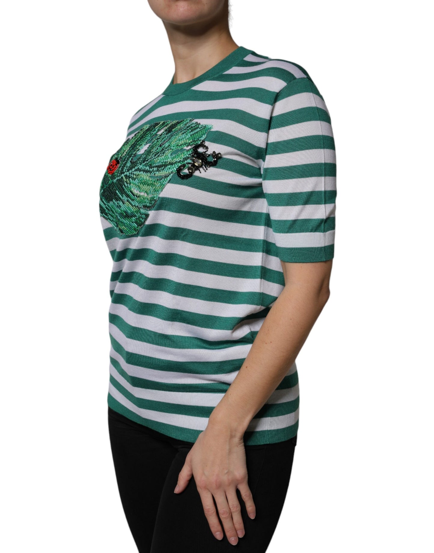 Dolce & Gabbana Weiß Grün Streifen Blatt Rundhals T-Shirt