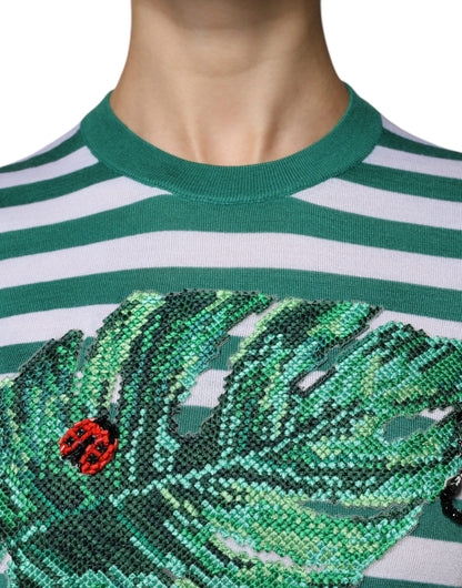 Dolce & Gabbana Weiß Grün Streifen Blatt Rundhals T-Shirt