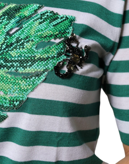 Dolce & Gabbana Weiß Grün Streifen Blatt Rundhals T-Shirt