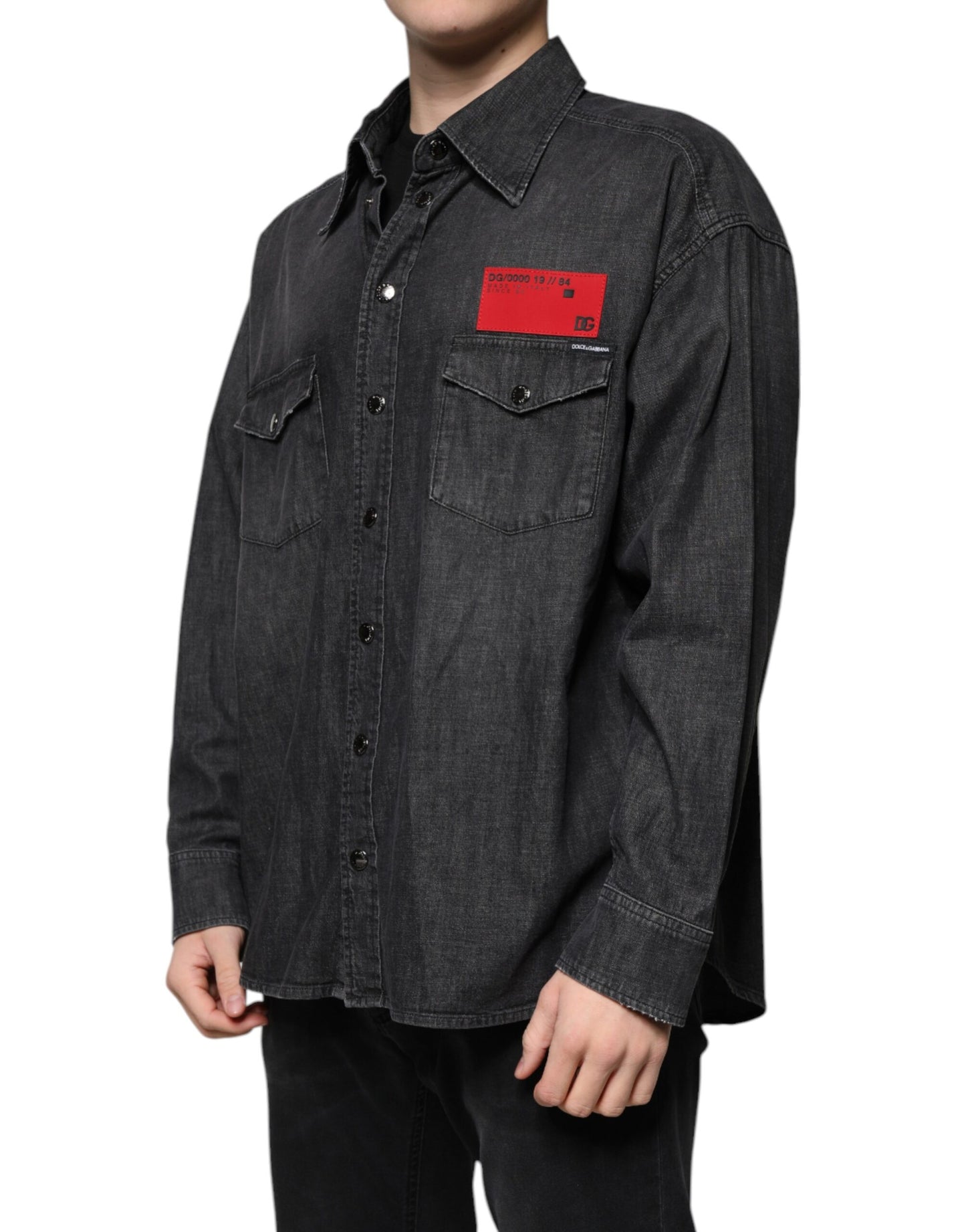 Dolce & Gabbana Schwarzes Logo-Baumwollhemd mit Knopfleiste aus Denim