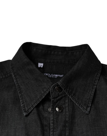 Dolce & Gabbana Schwarzes Logo-Baumwollhemd mit Knopfleiste aus Denim