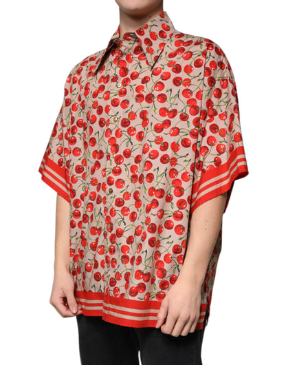 Dolce & Gabbana Beige Cherry Button Down Herren Freizeithemd