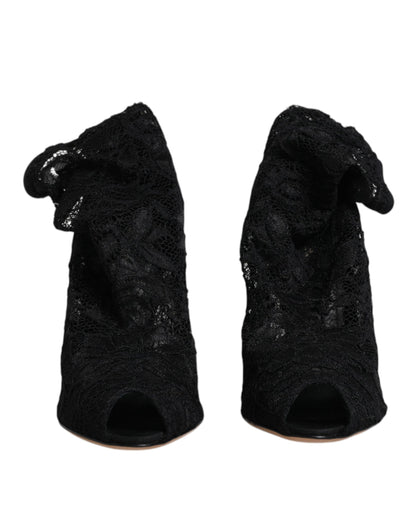 Dolce & Gabbana Schwarze Spitze Stretch Heels Mittlere Wadenstiefel Schuhe