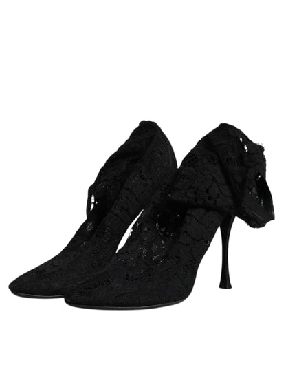 Dolce & Gabbana Schwarze Spitze Stretch Heels Mittlere Wadenstiefel Schuhe