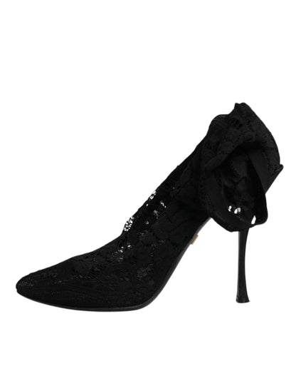 Dolce & Gabbana Schwarze Spitze Stretch Heels Mittlere Wadenstiefel Schuhe