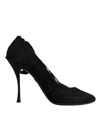Dolce & Gabbana Schwarze Spitze Stretch Heels Mittlere Wadenstiefel Schuhe