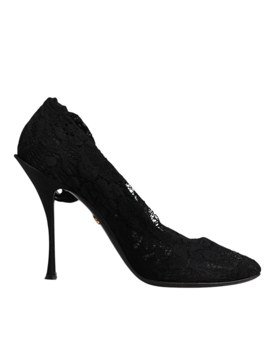 Dolce & Gabbana Schwarze Spitze Stretch Heels Mittlere Wadenstiefel Schuhe
