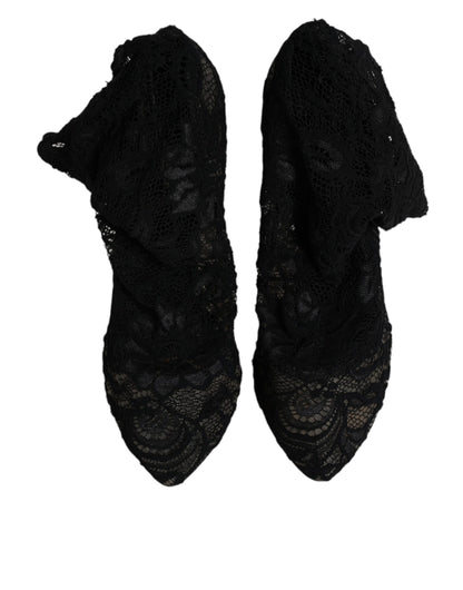 Dolce & Gabbana Schwarze Spitze Stretch Heels Mittlere Wadenstiefel Schuhe