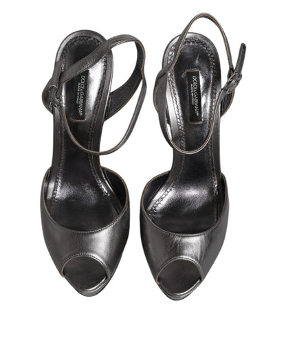 Dolce & Gabbana Silberne Leder Plateau Absätze Sandalen Schuhe