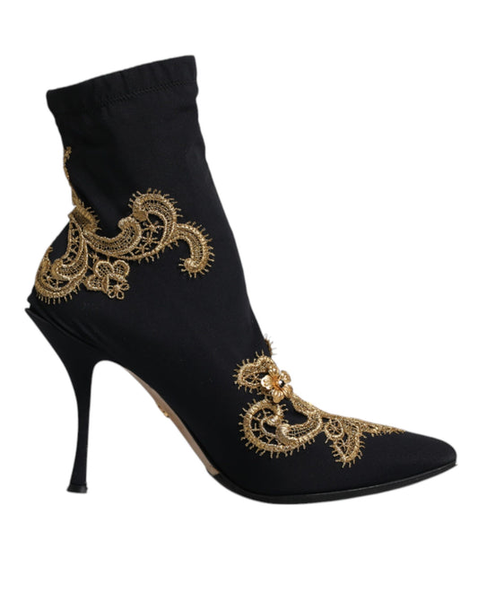 Dolce & Gabbana Schwarz Gold Stickerei Slip On Stiefel Schuhe