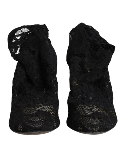 Dolce & Gabbana Schwarze Spitze Stretch Heels Mittlere Wadenstiefel Schuhe