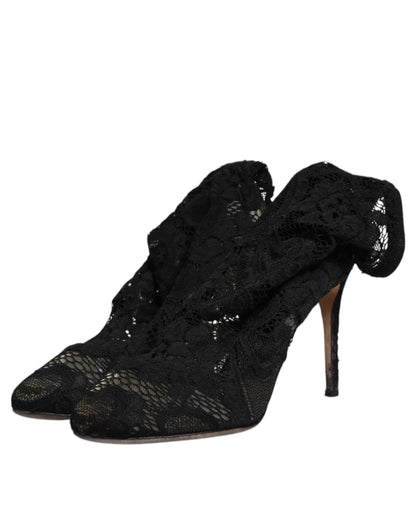 Dolce & Gabbana Schwarze Spitze Stretch Heels Mittlere Wadenstiefel Schuhe