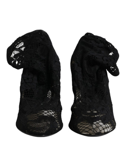 Dolce & Gabbana Schwarze Spitze Stretch Heels Mittlere Wadenstiefel Schuhe