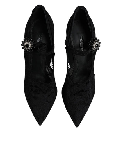 Dolce & Gabbana Schwarz Spitze Kristalle Mary Jane Pumps Schuhe