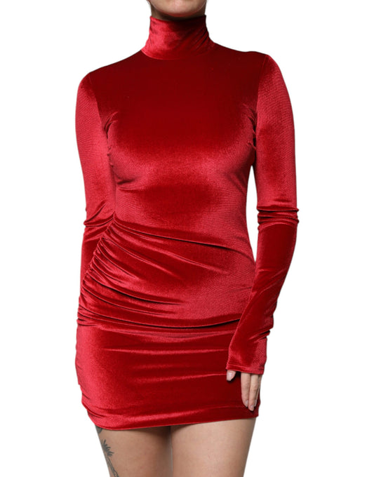 Dolce & Gabbana Rotes Samt-Bodycon-Minikleid mit langen Ärmeln