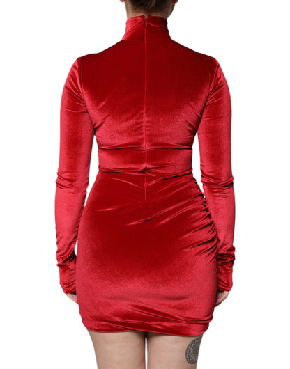 Dolce & Gabbana Rotes Samt-Bodycon-Minikleid mit langen Ärmeln