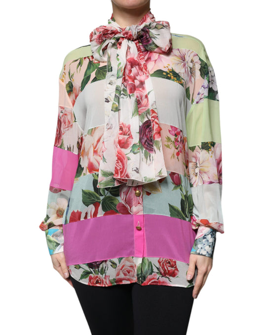 Dolce & Gabbana Multicolor Floral Patchwork Ascot Kragen Top