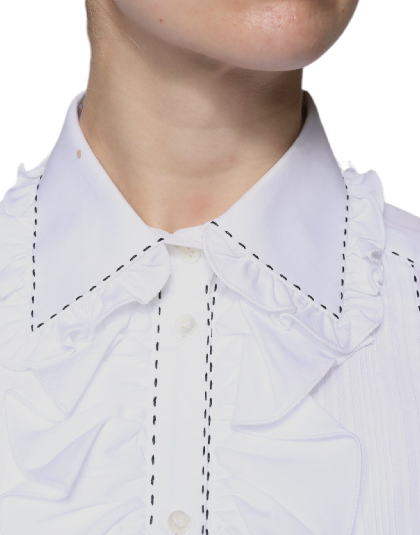 Dolce & Gabbana Weißes Baumwoll-Top mit langen Ärmeln und Rüschenkragen