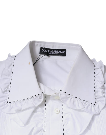 Dolce & Gabbana Weißes Baumwoll-Top mit langen Ärmeln und Rüschenkragen